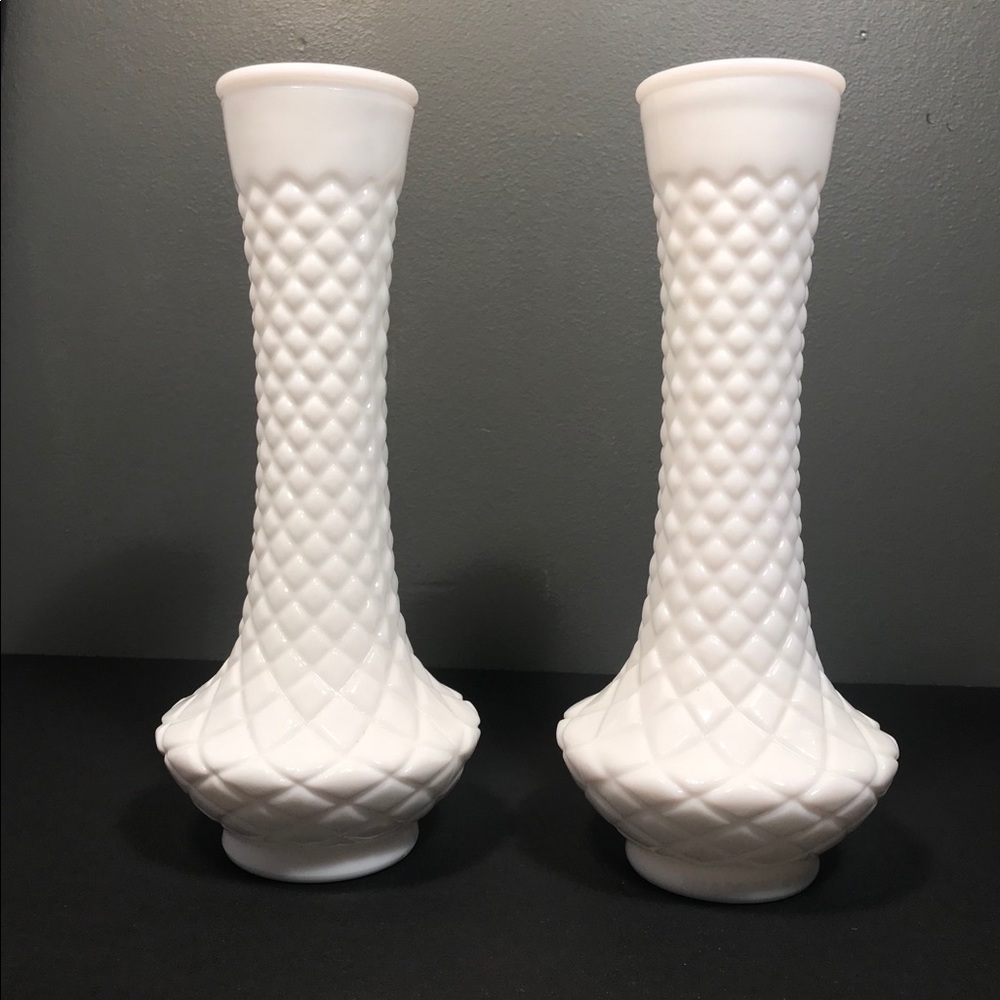 Set of Two Milk Glass Vases Diamond Pattern